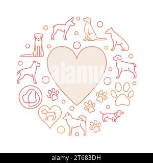 Herz mit Hundesymbolen runde Illustration. Vektorkonzeptsymbol in dünner Linie mit Hundeschildern auf weißem Hintergrund Stock Vektor