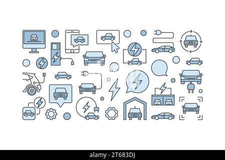 Horizontales blaues Banner für Elektrofahrzeuge. Kreative Vektorillustration mit Symbolen für Auto, EV, Ladestationen auf weißem Hintergrund Stock Vektor