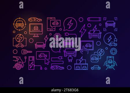 Vektor farbenfrohes Elektrofahrzeug-Konzept Umriss horizontales Banner oder EV-Illustration auf dunklem Hintergrund Stock Vektor
