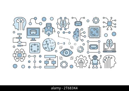 Illustration moderner Technologie mit blauen KI-, Machine Learning-, Gehirn- und Robotersymbolen auf weißem Hintergrund Stock Vektor