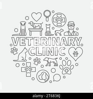 Runder Illustration der Tierklinik. Vektor Tier Krankenhaus Konzept Symbol mit Tierarzt Haustier Umrisssymbole gemacht Stock Vektor
