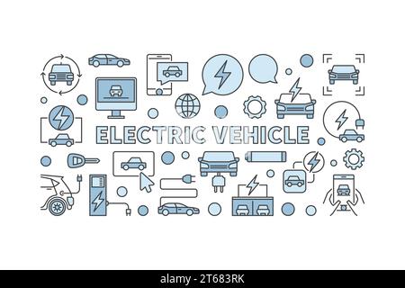 Blaue Abbildung für Elektrofahrzeug. Horizontales kreatives Vector EV-Banner mit Autosymbolen auf weißem Hintergrund Stock Vektor