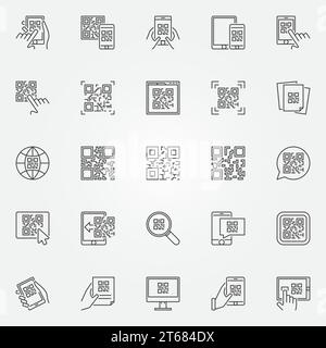 QR-Code-Symbole gesetzt. Vektorsammlung von Konzeptsymbolen oder Designelementen mit schneller Reaktion in dünner Linie Stock Vektor