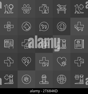 Hundekrankenhaus Umrisssymbole - Vektor-Veterinär-Konzeptsymbole. Hundepfoten-Druck, lineare Kreuzzeichen auf dunklem Hintergrund Stock Vektor