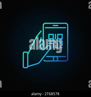 Handheld-Smartphone mit blauem Symbol für QR-Code-Vektor auf dunklem Hintergrund Stock Vektor