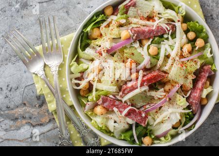 Einfacher Salat kombiniert Salami, Mozzarella, Kichererbsen, Eisbergsalat und Römaine. alles abgerundet mit einer einfachen Rotwein-Vinaigrette in einer Schleife Stockfoto