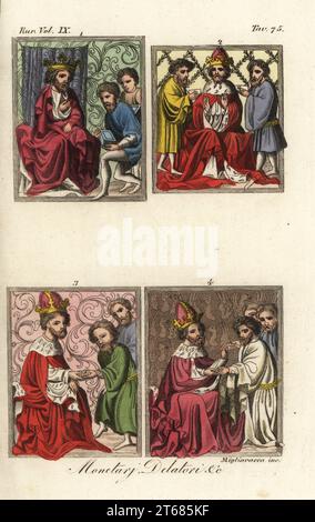 Audienzen mit Kaiser Karl IV. Des Heiligen Römischen Reiches Im kronenkap und Hermelin erhält er Schachteln mit Gold und Silber 1, Diplome 2, Münzen von gewöhnlichen Informanten oder Verschwörern 3 und Münzen von gut gekleideten Männern 4. Monetari, Delatori. Miniaturen aus dem Wiener Codex des Goldenen Stiers, eine illustrierte Handschrift für König Wenzel IV. Von Böhmen, 1365. Handkolorierter Kupferstich von Migliavacca von Giulio Ferrarios Kostüme Alte und Moderne der Völker der Welt, Il Kostüm Antico e Moderno, Florenz, 1844. Stockfoto