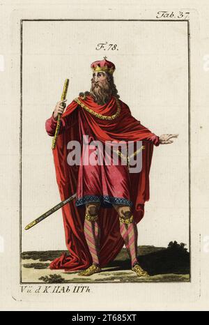 Karl der große (742814) war König der Franken von 768 bis zu seinem Tod. Er ist auch bekannt als Karl I., Karl der Grosse von Deutschland und Carolus Magnus vom Heiligen Römischen Reich. Die gewöhnliche Kleidung Karls des Großen bestand aus einem Hemd, einer Tunika, einer Hose (Culotten), Bändern, die um die Waden gebunden waren, Schuhen, Gürtel und Schwert. Er trug im Winter einen Thorax, der die Brust bedeckte, und ein Gewand, das den venezianischen Mantel nannte. Karl der große erschien nie in der Öffentlichkeit ohne sein Schwert; der Gürtel und der Griff waren aus Silber oder Gold. Für zeremonielle Kleidung trug er ein Schwert, das mit Edelsteinen angereichert war. Handkolorierte Kupferplatte Stockfoto