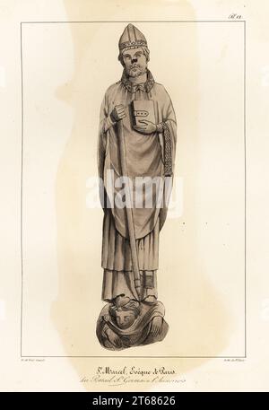 Statue des Heiligen Marcellus oder Marcellinus, 360436, 9. Bischof von Paris, vom Portal nach Saint Germain lAuxerrois. St. Marcel, Eveque de Paris, du Portail St. Germain lAuxerrois. Getönte Lithografie von Bösewicht nach einer Illustration von Horace de vier-Castel aus seiner Sammlung des Kostüms, Armes et meubles pour servir à l’histoire de la France (Sammlung von Kostümen, Waffen und Möbeln für die Geschichte Frankreichs), Treuttel & Wurtz, Bossange, 1827. Stockfoto