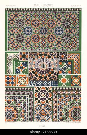 Maurische Kunst: Mosaik und emaillierte Terrakottafliesen. Beispiele maurischer Designs aus der Alhambra in Granada und dem Alcazar in Sevilla, Spanien. Mauresque. Handgefertigter Chromolithograph von Dufour & Sanier von Albert-Charles-Auguste Racinets LOrnement polychrome, (polychromatisches Ornament), Firmin-Didot, Paris, 1869-73. Stockfoto