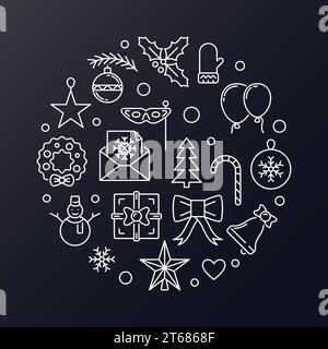 Frohe Weihnachten Runde Vektor Moderne Illustration. Die kreative Weihnachtsgrußkarte hat Linien-Symbole in kreisförmiger Form auf dunklem Hintergrund gemacht Stock Vektor