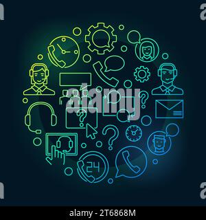 Bunte lineare Illustration des Kundenservice und der Unterstützung des runden Vektors auf dunklem Hintergrund Stock Vektor