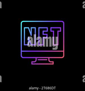 Farbiges Symbol für NFT auf dem Computerbildschirm. Nicht fungible Token Online-Kauf Vektor-Konzept-Zeichen auf dunklem Hintergrund Stock Vektor