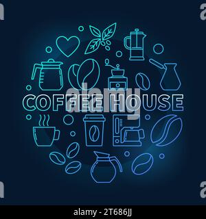 Kaffeehaus runde blaue Illustration. Vektor-Café-Konzept-Symbol mit Linien-Kaffeesymbolen auf dunklem Hintergrund Stock Vektor