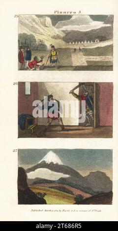 Francisco Pizarro gründete die Stadt Lima, Peru 25, Pizarro wurde von Anhängern von Diego de Almagro II 26 getötet und Blick auf den Chimborazo Berg in den Anden 27. Handkolorierter Kupferstich von Rev. Isaac Taylors Scenes in America, for the Amusement and Instruction of Little tarry-at-Home Travelers, John Harris, London, 1821. Stockfoto