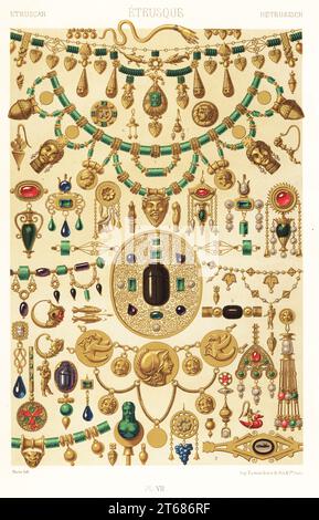 Alte etruskische oder etruskische Kunst und Schmuck. Halskette mit Köpfen und Anhängern 1, Ringe 2,3, Haarnadeln 4,5 und Ohrringe 6,7. Aus der Sammlung Campana im Louvre. Handgefertigte Chromolithographie von Durin von Albert-Charles-Auguste Racinets LOrnement polychrome, (polychromatisches Ornament), Firmin-Didot, Paris, 1869-73. Stockfoto