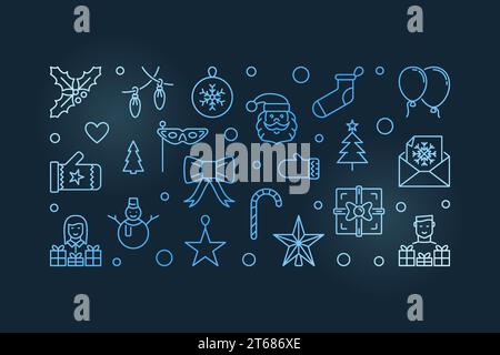 Happy New Year Umriss blauer Vektor Moderne horizontale Illustration Stock Vektor