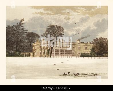 Ednaston Lodge, Derbyshire, England. Winterszene mit viktorianischem Herrenhaus mit Gewächshaus der Familie Kingdon. Farbholzblock von Benjamin Fawcett im Baxter-Prozess einer Illustration von Alexander Francis Lydon von Reverend Francis Orpen Morriss malerische Ansichten der Sitze von Adligen und Herren von Großbritannien und Irland, William Mackenzie, London, 1880. Stockfoto