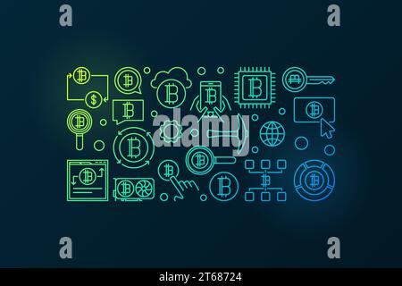 Buntes horizontales Banner der Kryptowährung - lineare Illustration des Vektor-Bitcoin-Mining-Konzepts auf dunklem Hintergrund Stock Vektor
