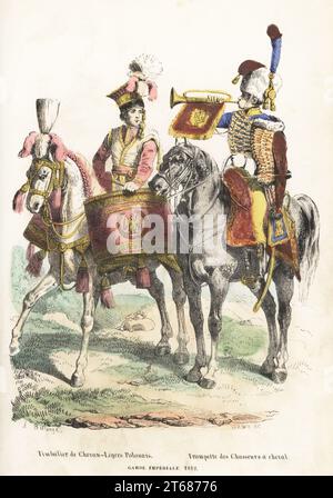 Musiker der französischen kaiserlichen Garde, 1812. Kettledrummer der 1. Polnischen leichten Kavallerie-Lancers und Trompeter der Pferdechasseurs. Timbalier de Chevau-Legers Polonais, Trompette des Chasseurs a Cheval, Garde Imperiale 1812. Handkolorierter Holzschnitt von Pierre Verdeil nach einer Illustration von Hippolyte Bellangé von P.M. Laurent de lArdeches Histoire de Napoleon, Paris, 1840. Stockfoto