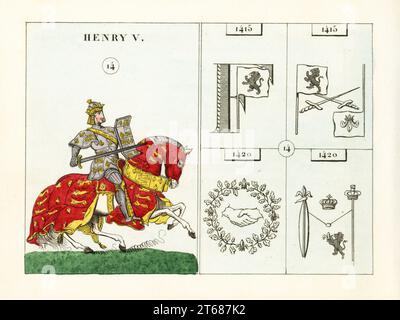 Porträt von König Heinrich V. von England, Heinrich von Monmouth. Mit Rüstung, Krone und Schwert, Tunika und Schild mit Wappen, Reiten ein Pferd mit caparison mit Wappen. Embleme zeigen die Invasion Frankreichs, Schlacht von Agincourt, Vertrag von Troye und die Ehe mit Katharina von Frankreich. Handkolorierter Stahlstich nach einer Illustration von Mary Ann Rundall aus EINER symbolischen Geschichte Englands, von der Frühzeit bis zur Herrschaft von Wilhelm IV., J. H. Truchy, Paris, 1839. Mary Ann Rundall war Lehrerin junger Damen in Bath und veröffentlichte 1815 ihr Buch mit mnemonischen Emblemen. Stockfoto