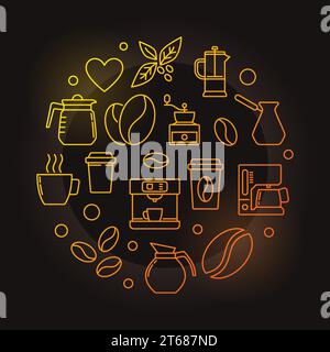 Vektor Kaffeehaus rundes gelbes Symbol oder Illustration in linearer Art auf dunklem Hintergrund Stock Vektor