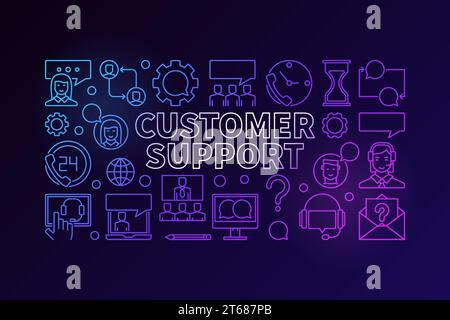 Farbige Illustration für den Kundensupport. Vector Customer Service Konzept lineares horizontales Banner auf dunklem Hintergrund Stock Vektor