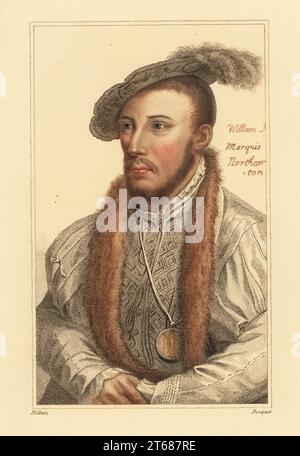 William Parr, 1. Marquess of Northampton, 1. Earl of Essex und 1. Baron Parr (1513-1571), englischer Höfling. Bruder von Catherine Parr, 6. Ehefrau von Henry VIII. William P., Marquis Notham:ton. Handkolorierter Kupferstich-Stich von E. Bocquet nach einem Porträt von Hans Holbein dem Jüngeren nach Imitationen von Originalzeichnungen von Hans Holbein, John Chamberlaine, London, 1812. Stockfoto