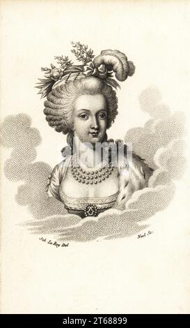 Porträt von Marie Antoinette mit Perlenkette, Hermelin cape, hohe Pouf Frisur mit Bändern, Federn und Blumen im Haar. Kupferstich von Noel nach einem Porträt von Sebastien Leroy von Marie Antoinette, Archiduchesse d'Autriche, reine de France, chez le Fuel, Paris, 1815. Stockfoto