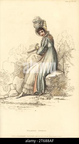 Regency Frau in Wanderkleid ein Buch in einem Park zu lesen. Runde Robe aus Kambrik- oder Jaconot-Musselin, französische Handarbeiten, französische graue Sarsnet-Pelisse, französisches Taschentuch am Hals, französischer Hut aus Satinstroh mit Federn. Vol. 14, Platte 23, 1. Oktober 1815. Handkolorierter Kupferstich von Thomas Uwins aus Rudolph Ackermanns Repository of Arts, Strand, London. Stockfoto