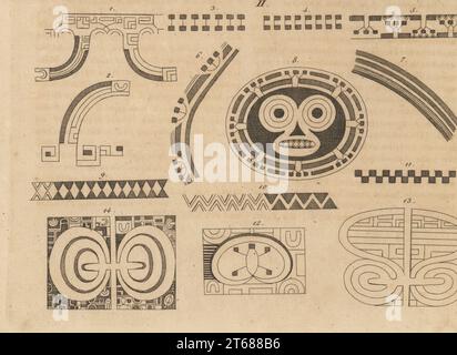 Tätowierungsmuster von Nuku Hiva, Marquesas-Inseln, Französisch-Polynesien. Kake 1,2, Enata 3,4,5, Kake-opogo 6,7, Matta-Comor 8, NiHo-Piata 9,10, Ehowa 11,12, Tumaima 13. Kopiert aus einer Illustration von Georg Langsdorff in Reise um die Welt, 1812. Handkolorierter Kupferstich aus Carl Bertuchs Bilderbuch fur Kinder, Weimar, 1813. Eine 12-bändige Enzyklopädie für Kinder, illustriert mit fast 1.200 gravierten Platten über Naturgeschichte, Wissenschaft, Kostüm, Mythologie usw., veröffentlicht von 1790-1830. Stockfoto