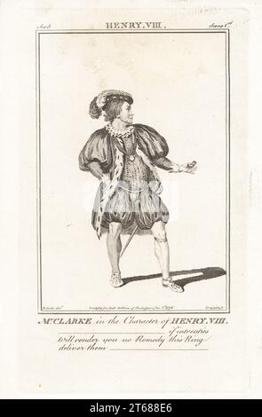 Mr. Clarke in der Rolle Heinrich VIII. In William Shakespeares Heinrich VIII., Covent Garden Theatre, 2. November 1772. In Plüschkappen, Hermelin-Beschichtung, Doppel, Pantaloons und Schlauch, mit Rapier, Einen Ring halten. Matthew Clarke starb 1786, trat über 30 Jahre lang im Covent Garden auf. Copperplate-Gravur von Charles Grignion nach einem Porträt von James Roberts aus John Bell's Edition of Shakespeare, London, 1. Januar 1776. Stockfoto