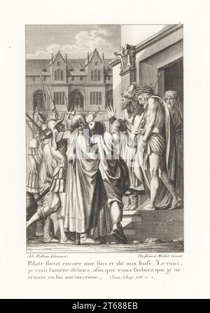 Pilatus bringt Jesus Christus wieder vor die Juden. Pilatus fortit encore une fois et dit aux Juifs. John XIX v. 4. Aus Le Passion de Notre Seigneur, die Passion unseres Herrn. Kupferstich von Christian Mechel nach einem Porträt von Hans Holbein in Christian von Mechels Werk de Jean Holbein, chec Guillaume Haas, Basel, 1790. Stockfoto