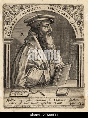 Jean Calvin, 1509–1564, französischer Theologe, Pastor und Reformator in Genf während der Reformation. Ioannes Calvinus Theologus Genevensis. Kupferstich von Johann Theodore de Bry aus Jean-Jacques Boissards Bibliotheca Chalcographica, Johann Ammonius, Frankfurt, 1650. Stockfoto