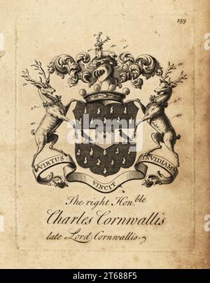Wappen des rechten Ehrenhaften Charles Cornwallis, Lord Cornwallis, 4. Baron Cornwallis, 1675-1721. Kupferstich von Andrew Johnston nach C. Gardiner von Notitia Anglicana, der die Errungenschaften des gesamten englischen Adels Andrew Johnson, The Strand, London, 1724 zeigt. Stockfoto