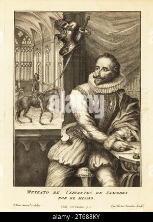 Porträt des Schriftstellers Miguel Cervantes de Saavedra, 1547-1616. Mann mit Van-Dyke-Bart in Rüschenkragen, Doppelstück, Hose, Schlauch, sitzt in einer Bibliothek, schreibt mit Federstift auf Papier. Hinter ihm ein Helm und Schwert, und ein Ritter auf dem Pferderücken mit Lanze Reiten in einem gewölbten Innenraum. Kupferstich von George Vertue nach einem Porträt von William Kent (G. Kent in Error) aus dem Leben und den Heldentaten des genialen Gentleman Don Quixote de La Mancha, übersetzt aus dem Original-Spanisch von Miguel Cervantes von Charles Jarvis, J und R Tonson, London, 1738. Stockfoto