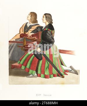 Römische Herren mit sedia gestatoria, 16th Jahrhundert. Eine Tunika aus schwarzer Seide mit orangefarbenem Plastron und Ärmeln. Eine in rot und grün Mieder und Rock, mit schwarzem Seidenkragen und Ärmeln. Sie knien neben einem päpstlichen Zeremonienstuhl oder Gestatorstuhl. Gentilshommes Romains. Nach einem Gemälde von Raphael, die Messe in Bolsena, La Messe de Bolsene, 1512. Handkolorierte Lithographie nach einer Illustration von Edmond Lechevallier-Chevignard aus Georges Duplessis Costumes historiques des XVIe, XVIIe et XVIIIe siecles (Historische Kostüme des 16th., 17th. Und 18th. Jahrhunderts), Paris, 1867. Edmond Lechevall Stockfoto