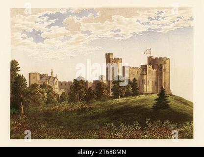 Peckforton Castle, Cheshire, England. Burg im gotischen Stil, entworfen von Anthony Salvin 1850 für John Tollemache, Sklavenbesitzer mit sechs Plantagen in Antigua (822 versklavt). Farbholzblock von Benjamin Fawcett im Baxter-Prozess einer Illustration von Alexander Francis Lydon von Reverend Francis Orpen Morriss malerische Ansichten der Sitze von Adligen und Herren von Großbritannien und Irland, William Mackenzie, London, 1880. Stockfoto