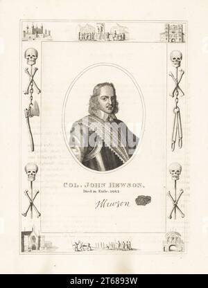 Colonel John Hewson starb im Exil. Hewson oder Hughson, war ein Schuhmacher, der in den Rang eines Colonels in Oliver Cromwells New Model Army Aufstieg, Regizid von König Charles I. Mit seinem Autogramm und Siegel. In einem Rahmen, der mit Vignetten aus Schädel und Kreuzknochen, Ketten und Henker-Axt verziert ist, hängt ein Mann an einem Gibbet in Tyburn, ein verurteilter Mann auf einem Schlitten, im Tower of London, Newgate Prison. Kupferstich von Robert Cooper aus James Caulfields the High Court of Justice, London, 1820. Stockfoto