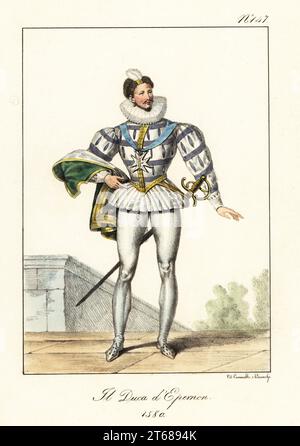 Jean Louis de Nogaret de La Valette, Herzog von Epernon, 15541642. Mitglied des intimsten Lieblingskreises von König Heinrich III., Les Mignons. Le Duc d'Epernon, 1580. Handkolorierte Lithographie von Lorenzo Bianchi und Domenico Cuciniello nach Hippolyte Lecomte aus Costumi civili e militari della monarchia francese dal 1200 al 1820, Neapel, 1825. Italienische Ausgabe der Lecomtes Zivil- und Militärkostüme der französischen Monarchie von 1200 bis 1820. Stockfoto