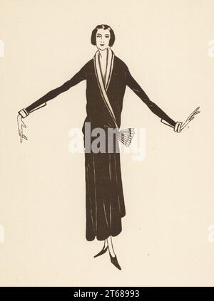 Modische Frau im Kimono-Kleid, 1920er Jahre Robe Manteau de Jean Patou. Lithografie von Marcel Bry nach einem Entwurf von Jean Patou aus Raymonde sieht Le Kostüm de la Revolution a nos Jours, Editions de la Gazette des Beaux-Arts, Paris, 1929. Stockfoto