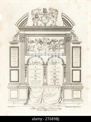 Der geschnitzte hölzerne Altar der heiligen Maria Aldermanbury, mit dem Gemälde des letzten Abendmahls von alten Franken und den zehn Geboten aus dem Buch Exodus. Im 17. Jahrhundert von Christopher Wren umgebaut, im Blitz abgerissen. Kupferstich gezeichnet und gestochen von James Peller Malcolm aus seinen Anekdoten der Manners and Customs of London im 18. Jahrhundert, Longman, Hurst, London, 1808. Malcolm (1767-1815) war ein amerikanisch-englischer Topograph und Kupferstecher, Fellow der Society of Antiquaries. Stockfoto