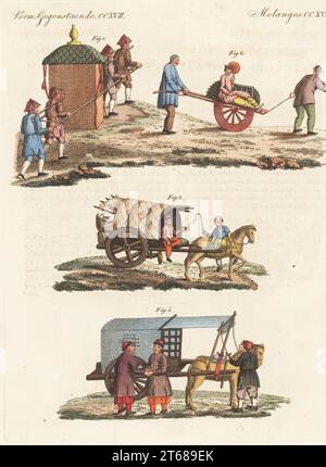 Transportmittel in China, Qing-Dynastie, 1800er Jahre Palanquin oder Sedanstuhl einer Mandarine 1, Tatarenfrau reitet auf einer karre, die von zwei Dienern 2 gezeichnet wurde, Bühnenwagen oder Wagen 3 und Kutsche eines jungen Adels 4. Kopiert von einer Illustration von Antoine Cardon in Jean Baptiste Joseph Bretons La Chine en Miniature, 1811. Handkolorierter Kupferstich aus Carl Bertuchs Bilderbuch fur Kinder, Weimar, 1815. Stockfoto