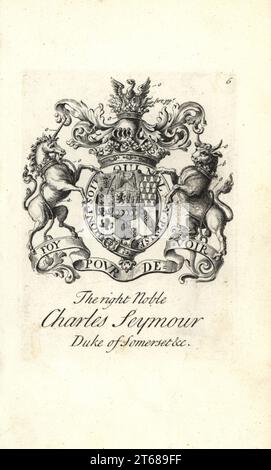 Wappen und Wappen des rechten Adligen Charles Seymour, 6th Duke of Somerset, 1662-1748. Kupferstich von Andrew Johnston nach C. Gardiner aus der Notitia Anglicana, Die Die Errungenschaften des gesamten englischen Adels Andrew Johnson, The Strand, London, 1724 Ausmachte. Stockfoto