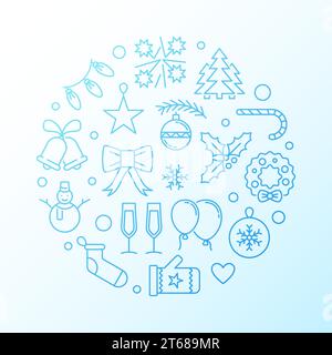 „Happy New Year“-Umrisse mit kreisförmiger blauer Vektorgrußkarte mit geradem runden Design Stock Vektor