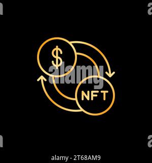 NFT Online Trading Vektorkonzept Gliederung goldenes Symbol. Nicht fungibles Token-Zeilenzeichen auf dunklem Hintergrund Stock Vektor