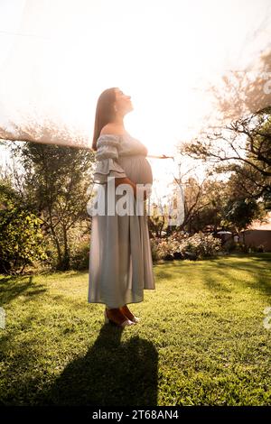 Eine schwangere Latina in einem Kleid, die in einem grünen, sonnendurchfluteten Park steht, mit Händen, die sanft ihren Bauch wiegen Stockfoto