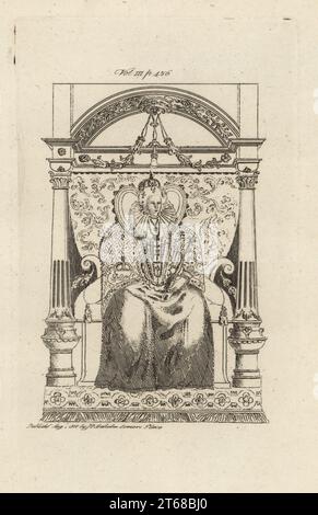 Königin Elisabeth I. von England. Er sitzt auf einem Thron, trägt eine Krone, einen hohen Spitzenkragen und hält die Kugel und das Zepter. Von einem bemalten Glasporträt der Königin im Fenster des Vesterieszimmers der Kirche St. Dunstans im Westen, Fleet Street, London. Stippelstich von James Peller Malcolms Londinium Redivivum, Somers Place, London, 1803. Stockfoto