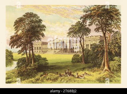 Südfassade von Stowe Park, Buckinghamshire, England. Neoklassizistisches Haus im griechischen Stil, entworfen von Robert Adam und fertiggestellt von Thomas Pitt im Jahr 1779. Heimat von Richard Plantagenet Temple-Nugent-Brydges-Chandos-Grenville, 2. Duke of Buckingham, Besitzer einer Plantage in Jamaika (379 versklavt). Farbholzblock von Benjamin Fawcett im Baxter-Prozess einer Illustration von Alexander Francis Lydon von Reverend Francis Orpen Morriss malerische Ansichten der Sitze von Adligen und Herren von Großbritannien und Irland, William Mackenzie, London, 1880. Stockfoto