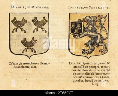 Imaginäre Wappen der Skythenkönigin Minothaea mit drei goldenen Stühlen und der Schwester der Amazonaskönigin Antiopes Hippolyte mit blauem Löwen und drei gekrönten Königinnen. Neun Würdige Frauen. MINTHIA ou MINOTHAEA, IPOLICE ou SEVERAINE. Handkolorierter Holzschnitt von Hierosme de Baras Le Blason des Armoiries, Chez Rolet Boutonne, Paris, 1628. Stockfoto